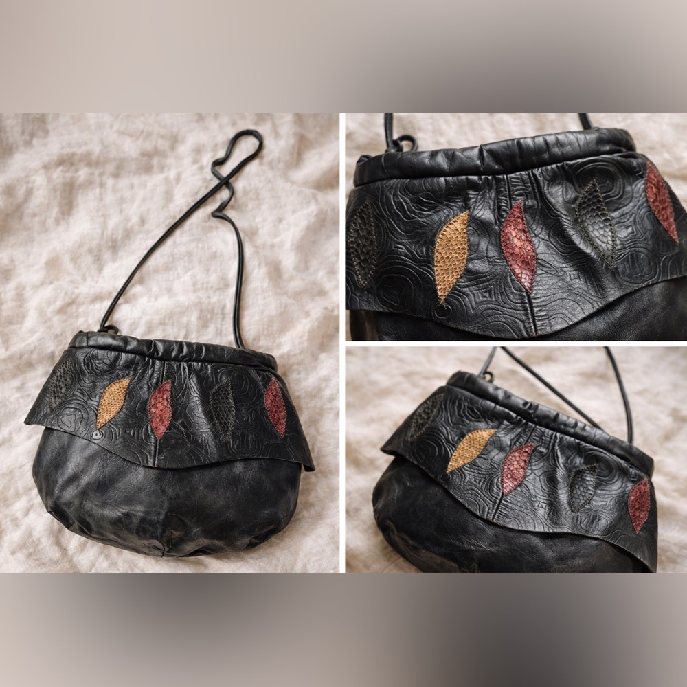 Vintage Boho Artisan Leather Shoulder Bag | Embossed + Snakeskin Inlay